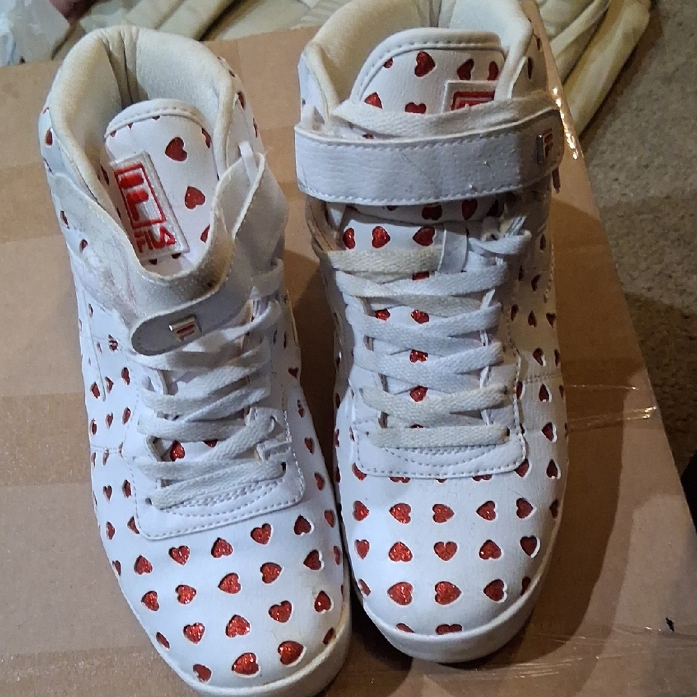 Fila White High-Top Sneakers with Red Heart Print